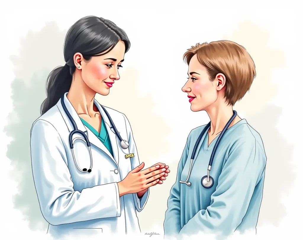 Watercolor painting by a supporting clinic, showing the medical team, discussing professionalism and empathy, that is considering egg donation, with soft and calm colors. The atmosphere should be trustworthy, with a woman.