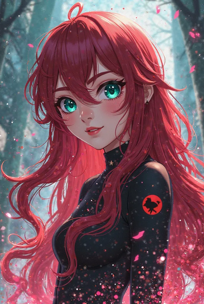  A 17-year-old girl , long hair, wine-red and wavy, her eyes are of a special shade of teal, in the Miraculous Ladybug version 