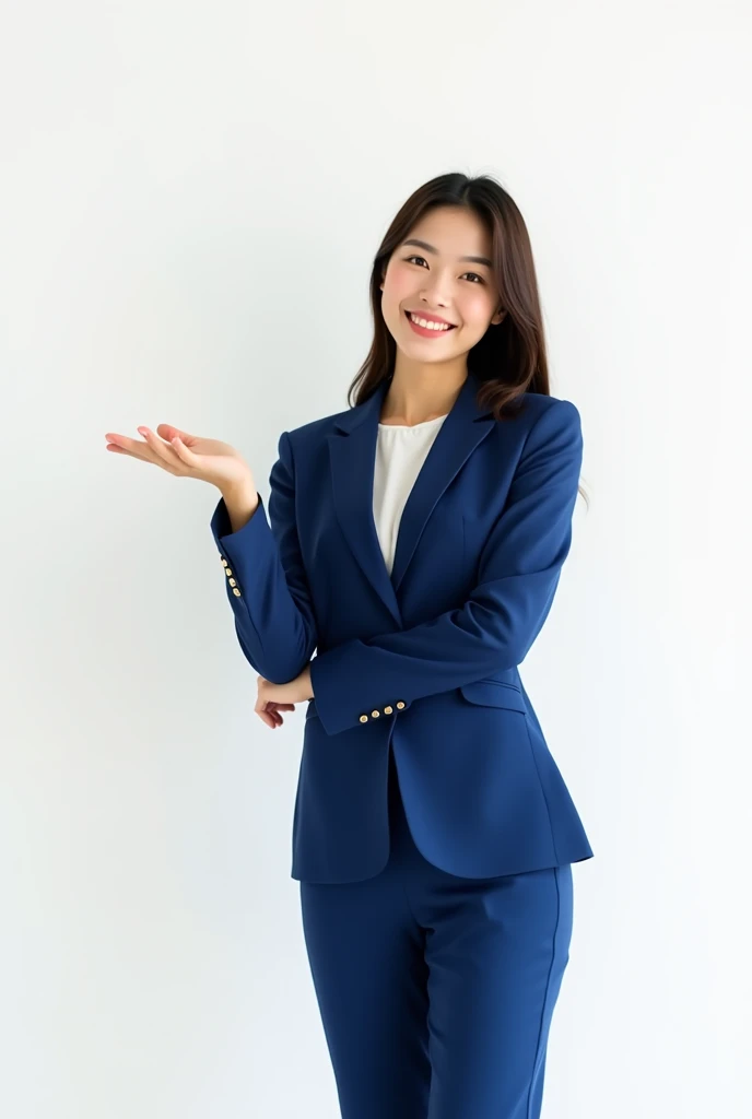 full body young asian woman in a blue suit lend hand to the left side on white background