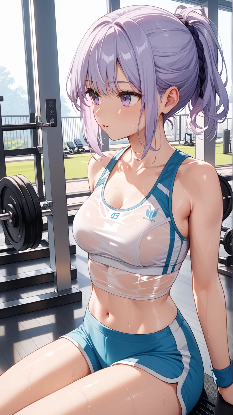 one woman、adult women、Light purple hair、 has hair tied、sportswear、workout gym、Sitting and taking a rest、is sweating、 clothes are transparent due to sweat 、 underwear 、 towel、Overlook、shorts