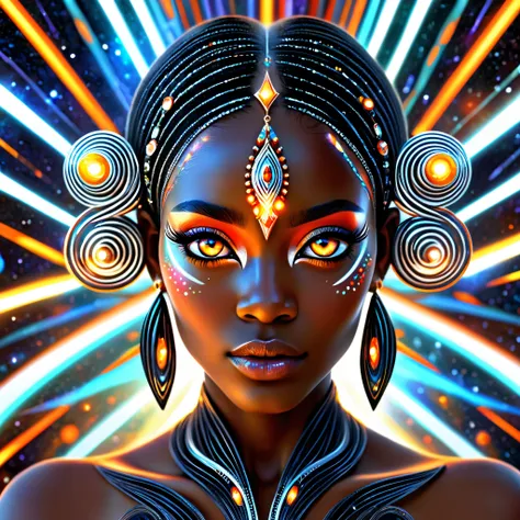 Fractals infused hybrid eith a beautiful black woman fractals sre her eyes down to the patterning in her skin ethereal otherworldly neinf of light translucent eith fractal patterns beaning out of her body red streaks orange streaks hyperdetailed intricate ...