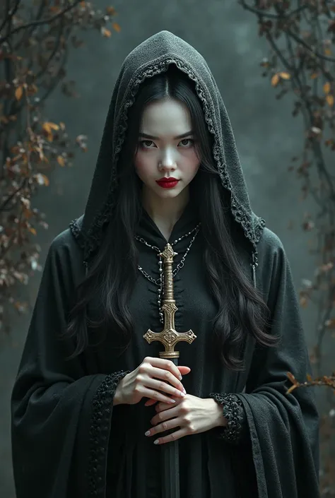 Let a black sharp-looking princess with white skin with red lips have a sword little face in her hands 