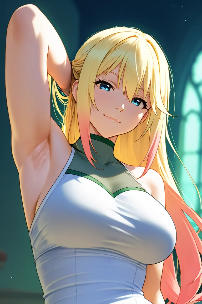 "A beautiful closeup darkness lalatina from anime konosuba with detailed armpits, wearing a sleeveless outfit that highlights her underarms. Her smooth skin glows under soft lighting, with subtle shadows adding depth. She has a confident and alluring expre...