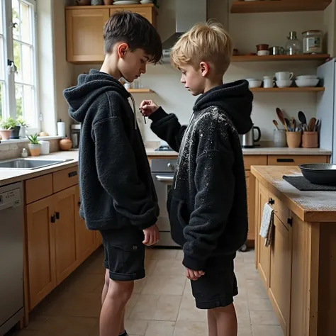 A photo taken from above shows a kitchen. A 16-year-old dark-haired boy standing, seen in profile, is putting flour on the huge, oversized, ebony-black, cabled mohair sweater of a blond boy seen from behind. The flour stains the blond boy's sweater. They a...