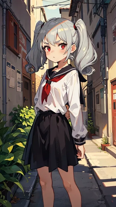 Young girl with grey hair, ((fringed and curly hair)),((curly short twintail)), curly hair ,(red eyes),, ((small bushy eyebrows)), naked, lolicon , to school, bored eyes, bored face , ,  in a dirty alley,,