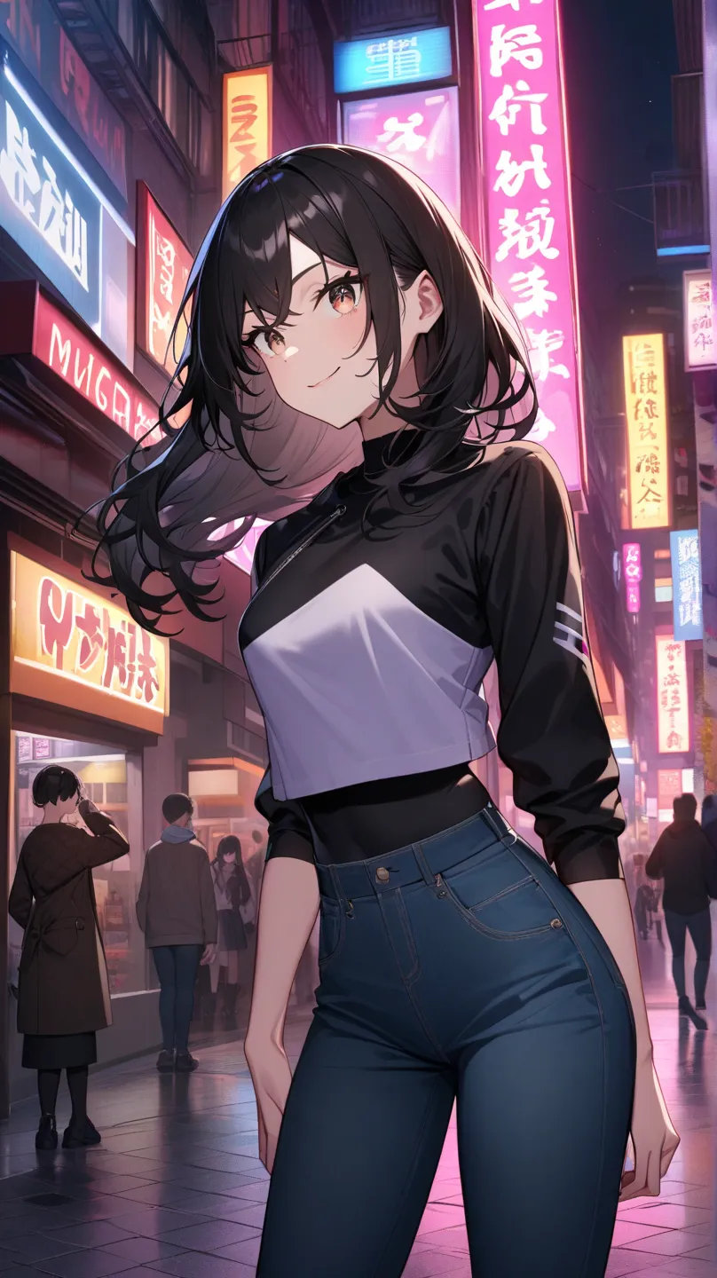 /imagine prompt: a modern anime character named Misaki, featuring long, sleek black hair styled in loose waves, wearing a trendy cropped top and high-waisted jeans that accentuate her figure, with striking hazel eyes and a confident smile, standing in a bu...