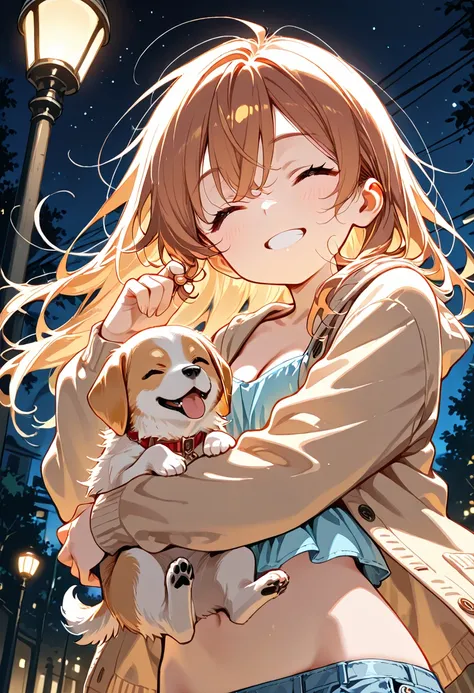 1girl, solo, loli, dog girl,
, long hair, messy hair , cleavage, floating hair, cardigan under jacket, microskirt, 
happy, closed eyes, twirling hair, no bra, no panties, 

wardrobe malfunction, Hug a Puppy, 

night, under lamppost, 
upper body, close-up, ...