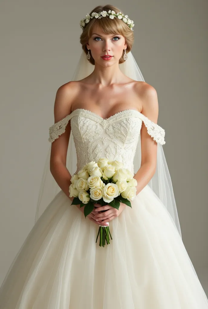 (taylor swift)) half body, camera frontal,  look serene , princess neckline wedding dress, garland, Bouquet of Rosas Brancas.