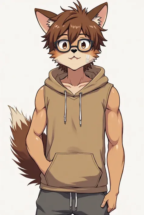 A handsome brown-brown dog, has medical tape attached to his nose and has a human body structure, with brown hair, long tail, muscle, Age 20, wearing glasses, wearing a sleeveless hoodie and sweatpants and sports pants, cartoon anime 