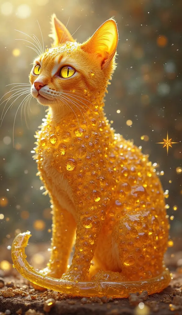 A cat made of honey and adorned with precious gemstones, 'animals made of honey', 'animals with the characteristics of honey', iridescent gemstones, intricate details, fantasy art, ethereal lighting.