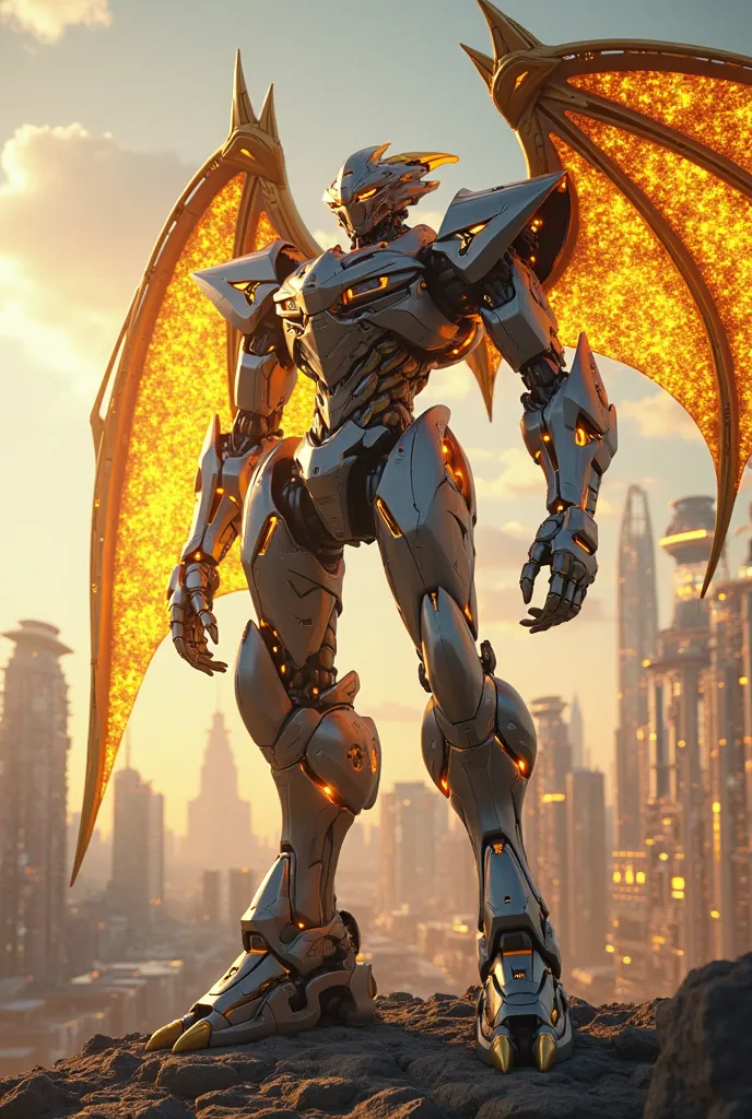 Generate an image of dragon wings attached to a mecha, a yellow or gold one, a futuristic looking wing