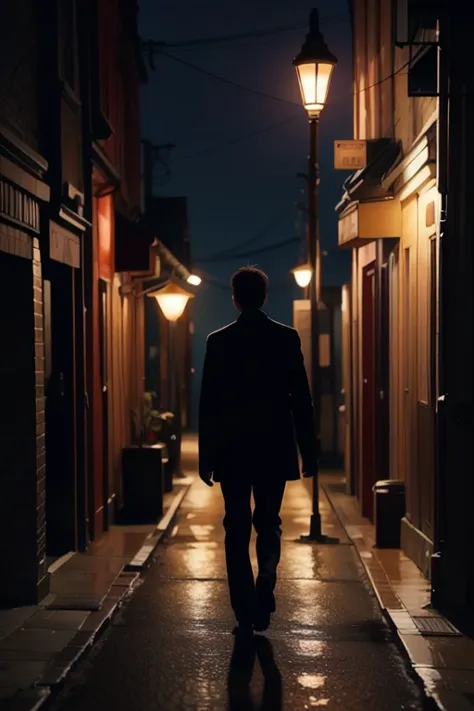 (0305) Theme: A Lone Figure Under a Streetlamp / Lonely Single Shadow Under the Streetlight / Shadows of a Man Under the Streetlight