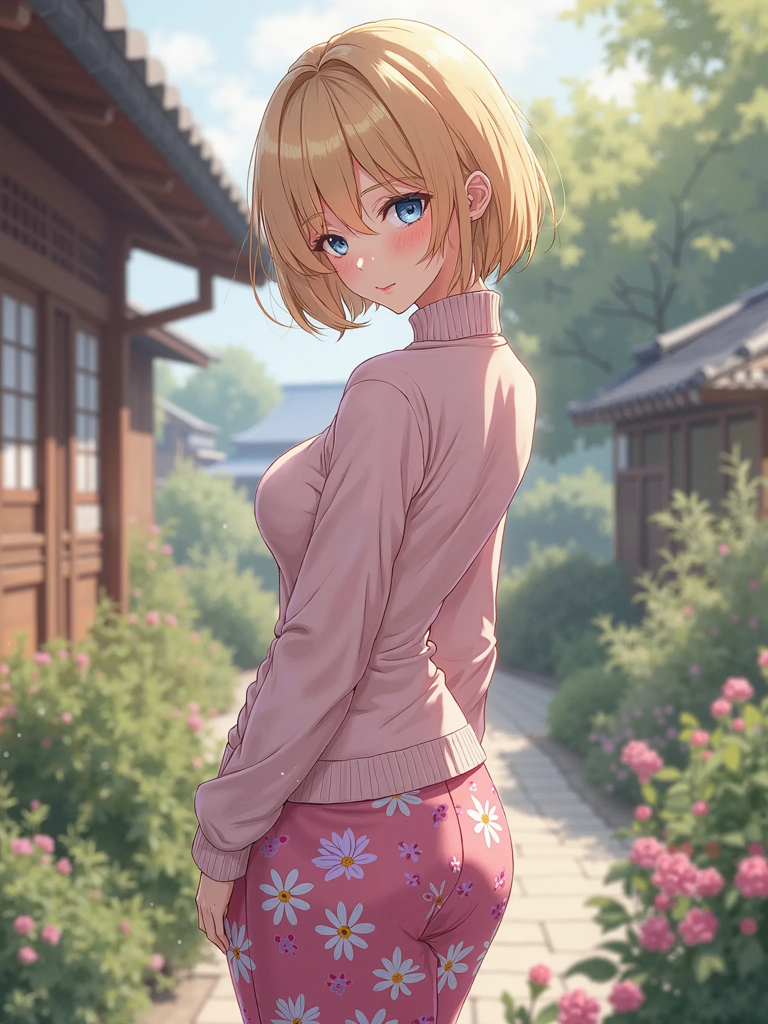 (Photorealism:1.2), beautiful woman,  pink white and purple flower pattern , is wearing a turtleneck sweater,  pencil skirt turning back, blond with a big face,  short hair, outdoor, soft writing, Garden Plants, relaxed posture, realistic, complicated deta...