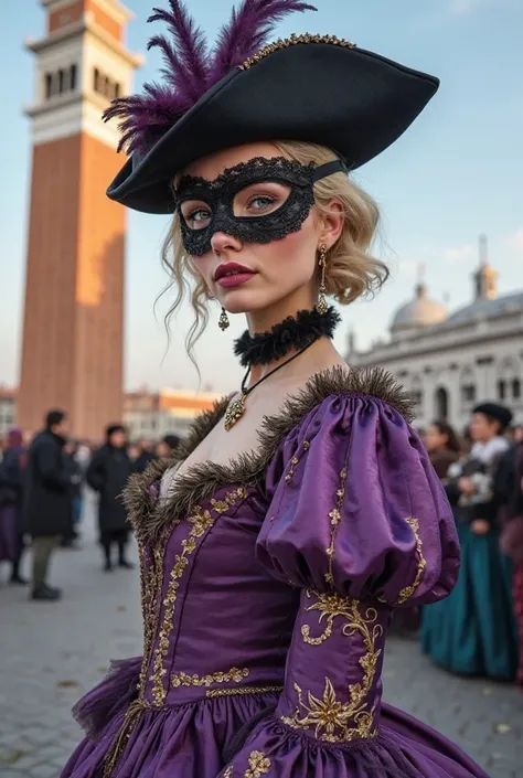  A young woman , In Piazza San Marco in Venice, bell tower of San Marco. with delicate and harmonious features. The woman has fair and smooth skin. His eyes are an intense blue-green color and are framed by well-defined and natural eyebrows.  The lips are ...