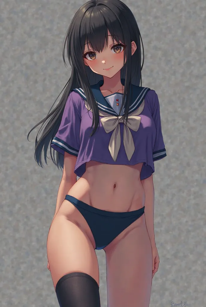 brainwashed upper body is a purple short sleeve sailor suit　high school girl with navy blue racing bra lower body
Japanese women with big breasts　dark eye makeup　Growing Fangs　Nails get longer too　tri-fold socks and loafers　Put one foot on something　smile ...