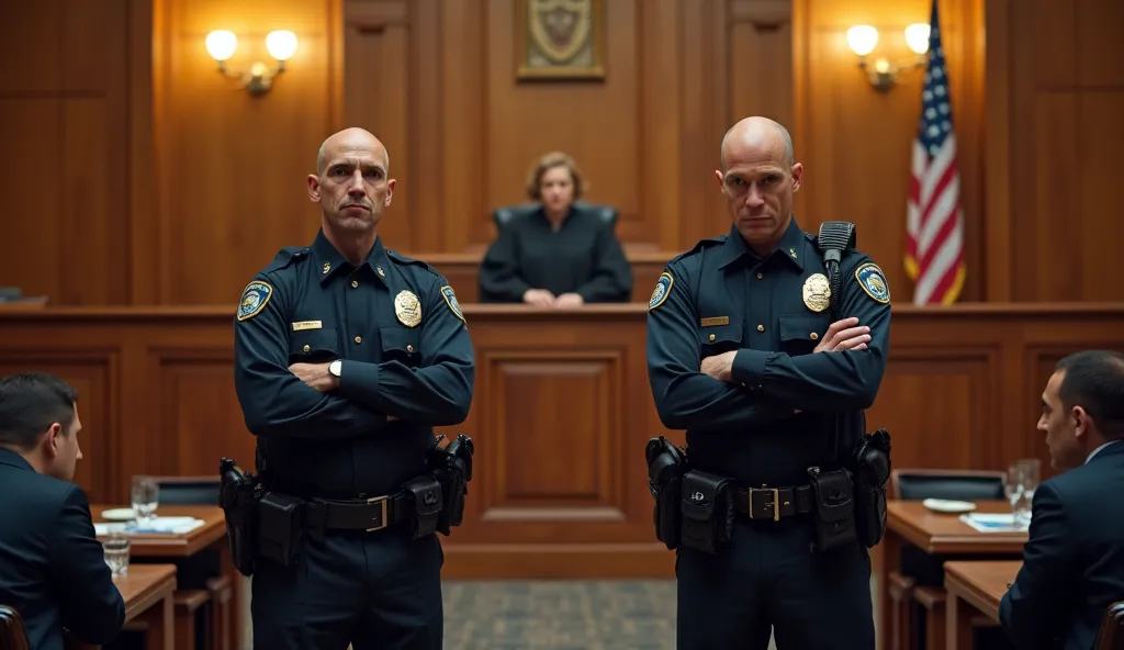 "Create a detailed scene in a modern American courtroom. Two police officers in dark blue uniforms with badges, belts, and professional gear stand side by side in the foreground, facing forward with their arms crossed, appearing serious and authoritative. ...