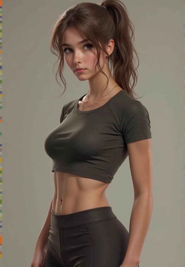 A beautiful pre  girl, brown hair, wearing tights and a tight fitting cropped shirt, skinny, massive breasts, cup size D, perfect legs, perfect ass, kind of short stature, young face, hair tied back into ponytail,  face, extremely realistic, photorealistic...