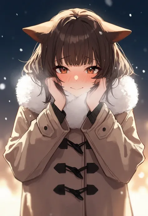 aruhshura, 1girl, animal ears, brown hair, brown eyes, medium-length hair, fluffy hair, bangs, oversized coat, fur-trimmed coat, warm winter clothes, fluffy scarf, hands on cheeks, blushing, gentle smile, cute face, soft expression, warm expression, lookin...