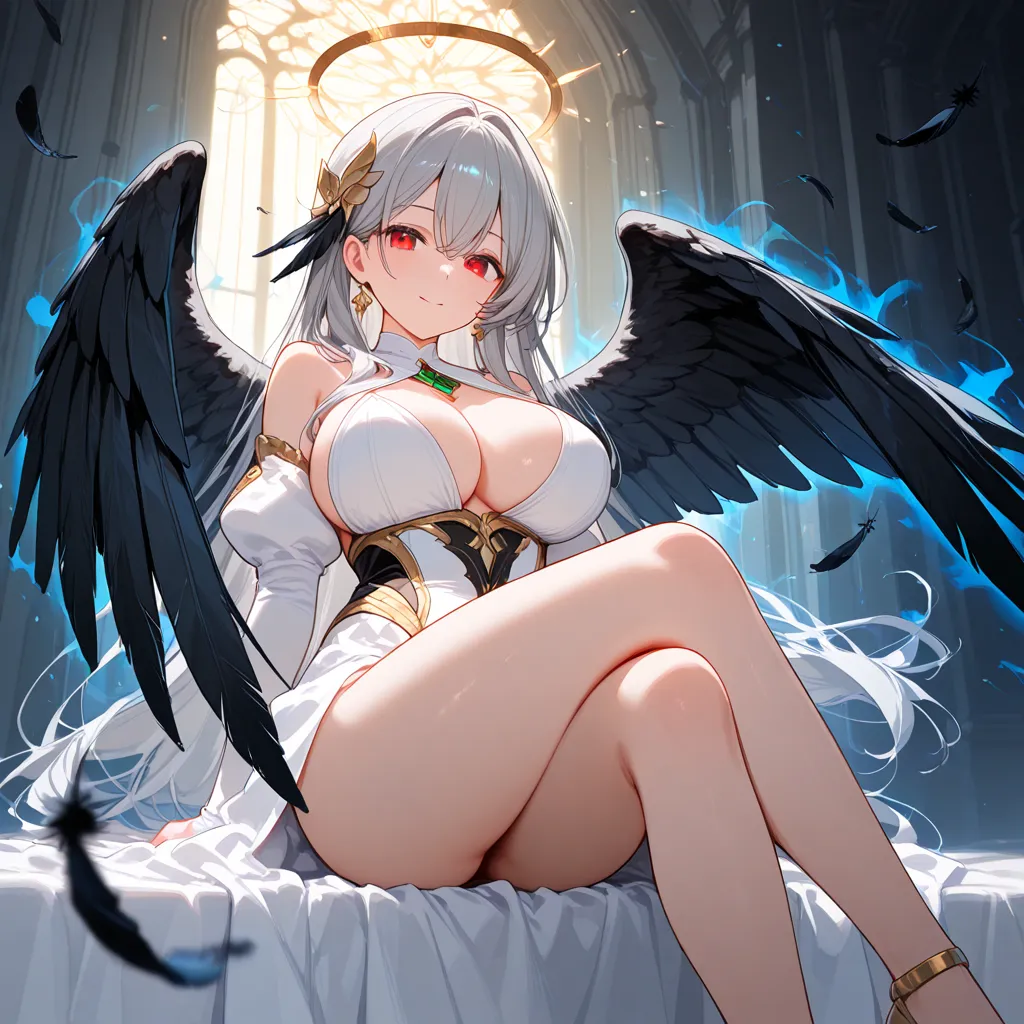 Draw Alya by Rosadere　Gray Hair　long hair　Red Eye　Fallen Angel　Black feathers are falling in the air　 is sitting　Legs crossed　Big Breasts　 white clothes　Overwhelming aura