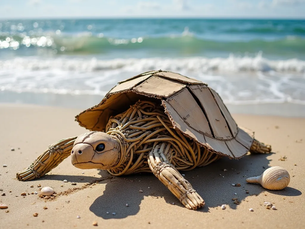 A broken tortoise statue sits on the sandy beach, with waves gently rolling in the distance. The statue, made from bamboo sticks and cardboard, has a rough, handmade appearance. The outer shell is cracked open, revealing its intricate inner structure—caref...