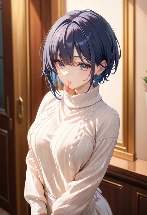 ( The highest quality masterpiece:1.5),  Super Fine , high resolution,  8,000, exquisite details, 超high resolution,  1 cute girl, fair-skinned girl,  dark blue hair,  blue-gray eyes,  short hair, Soft skin,  white sweater , front drive, 来吧，bpeasts, hotel, ...