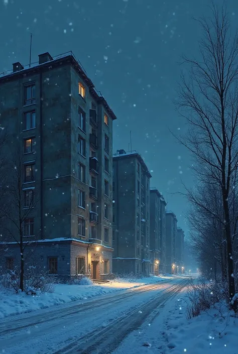 Five-story panel houses in winter. Cold blue colors. Night. Russia. The eye should fall on them. 
 Note : the eye should not be turned.
