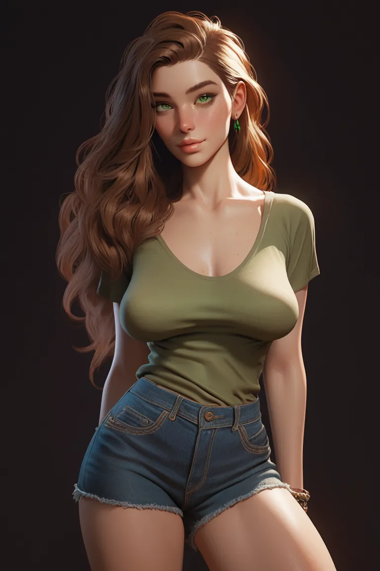 a girl, long loose brown hair and green eyes, large breasts, wearing a short and extremely low-cut green t-shirt and a denim short , sagging breasts 