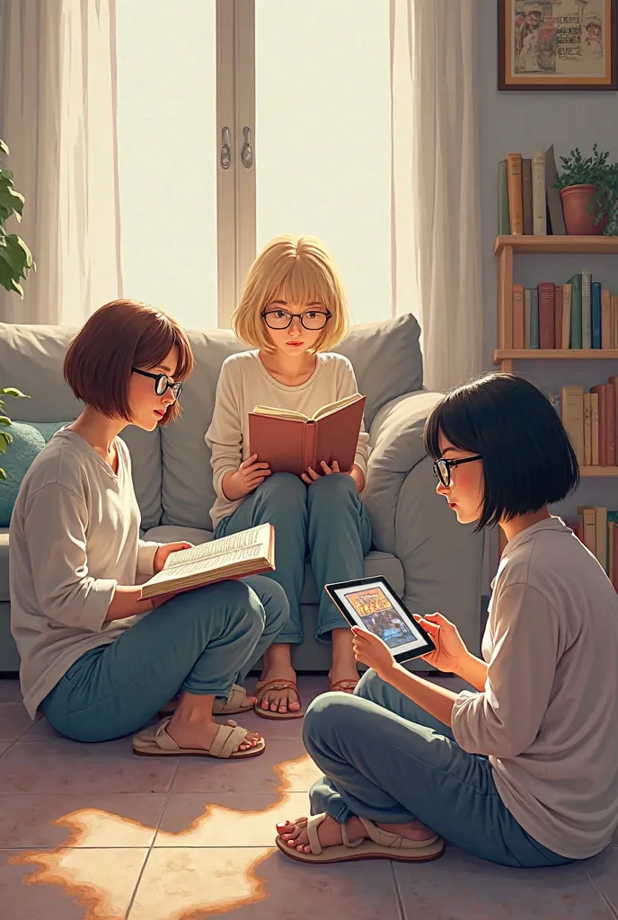 Three women, all wearing glasses. One is sitting on the couch reading a book very closely, with short brown hair. Another is sitting on the floor watching a movie on a small television, facing the screen, with straight short black hair. The third is lookin...