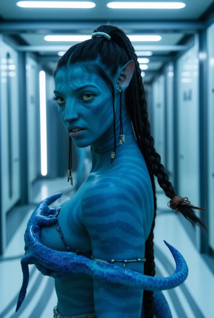 nude photography of (1) gorgeous naked female avatar alien with a tail from behind, She is looking over her shoulder, nice ass, She has a blue tail. She has a blue na'vi tail. Blue alien tail. gorgeous na'vi woman from behind, she is alone in a lab, blue s...