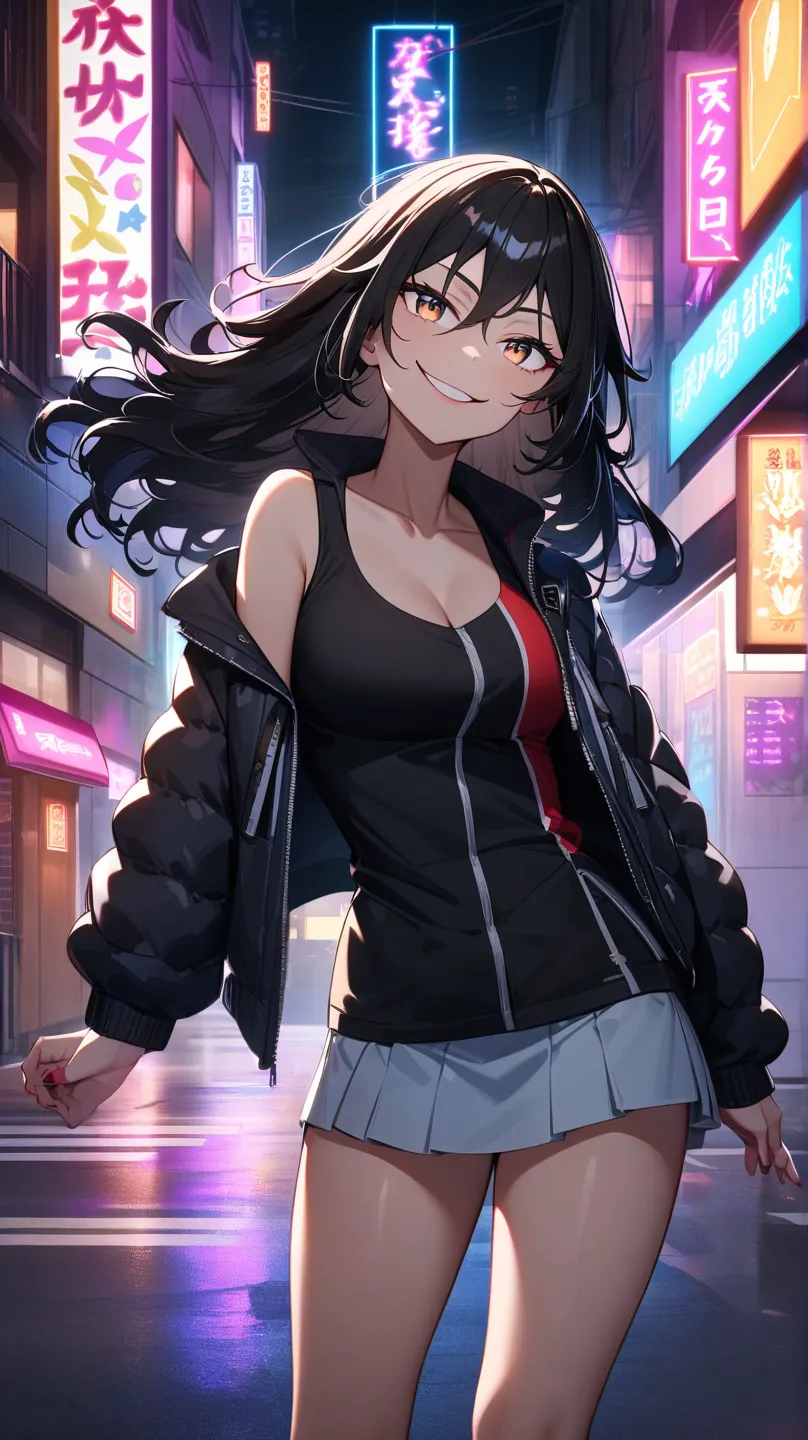 /imagine prompt: a modern and alluring anime character named Misaki, featuring long, sleek black hair styled in loose waves, wearing a fitted tank top that highlights her curves and a super short skirt, with an open oversized jacket, striking hazel eyes an...