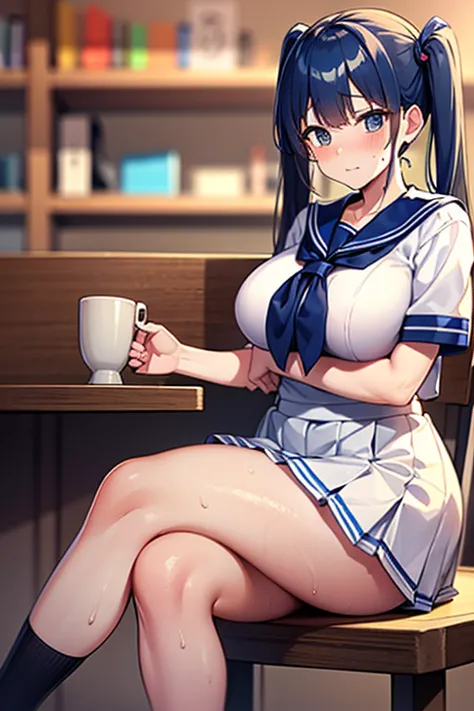 Highest quality Highest quality, high resolution, one Japanese woman, blue hair in twin tails 1.3, idol face, shiny skin 1.5, sweaty 1.4, big breasts, chubby figure, sitting on a chair with legs crossed, sailor uniform 1.5, thighs 1.3, embarrassed expressi...