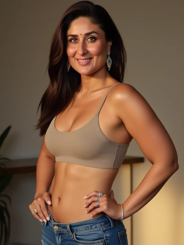 Kareena wearing  top nude with low waist blue jeans with full stomach visible, High Resolution, Looking at viewer, smiling