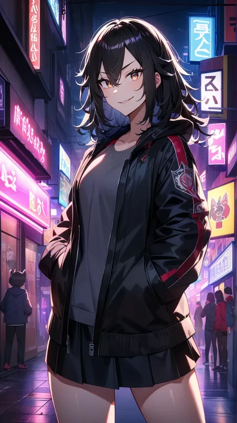 /imagine prompt: a modern and alluring anime character named Misaki, featuring long, sleek black hair styled in loose waves, wearing a fitted tank top that highlights her curves and a super short skirt, with an open oversized jacket, striking hazel eyes an...