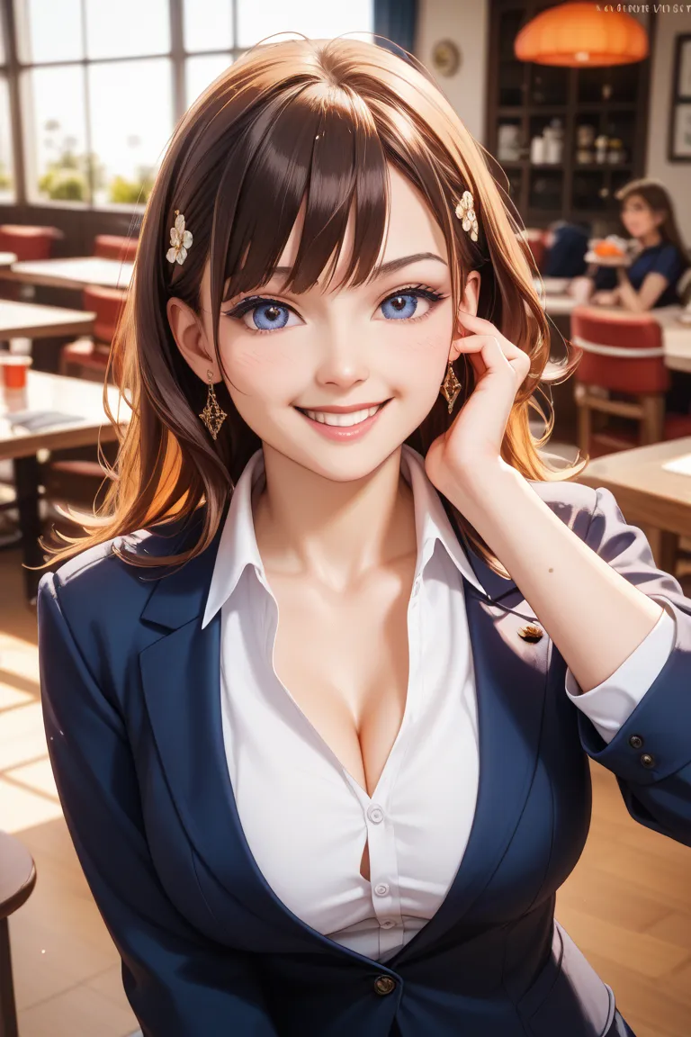 Realistic character generation、 photos、smiling、Cafe Background、Natural Light、 Warm Tones、 soft background blur 、office casual fashion、 Everyday Atmosphere 、Realistic depiction with attention to detail、Elegant look、the contrast between light and shadow is b...