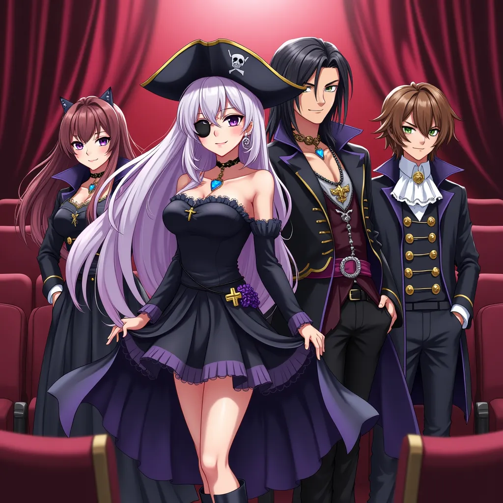 Chica vampiro anime con el Very long hair blanco y morado, purple eyes, short black dress, boots and blue heart amulet, The girl is sexy, She is together with the other pirate anime girl, Very long hair, fuchsia and wavy . Girls are sexy, One is sweet and ...