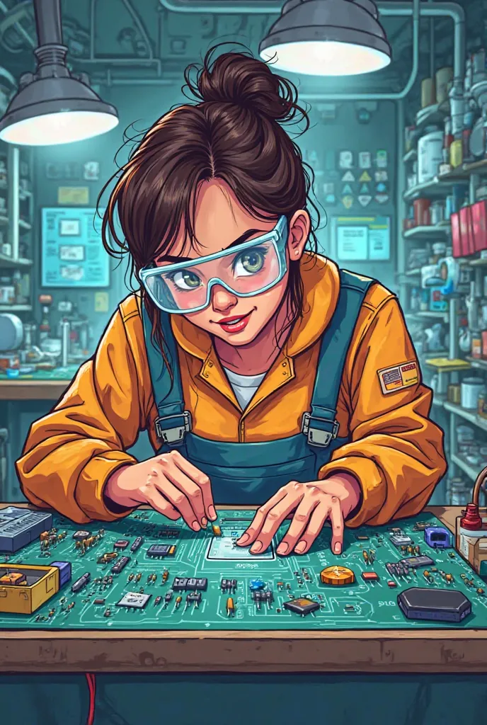 Technician girl checking a component on the board cartoon 
