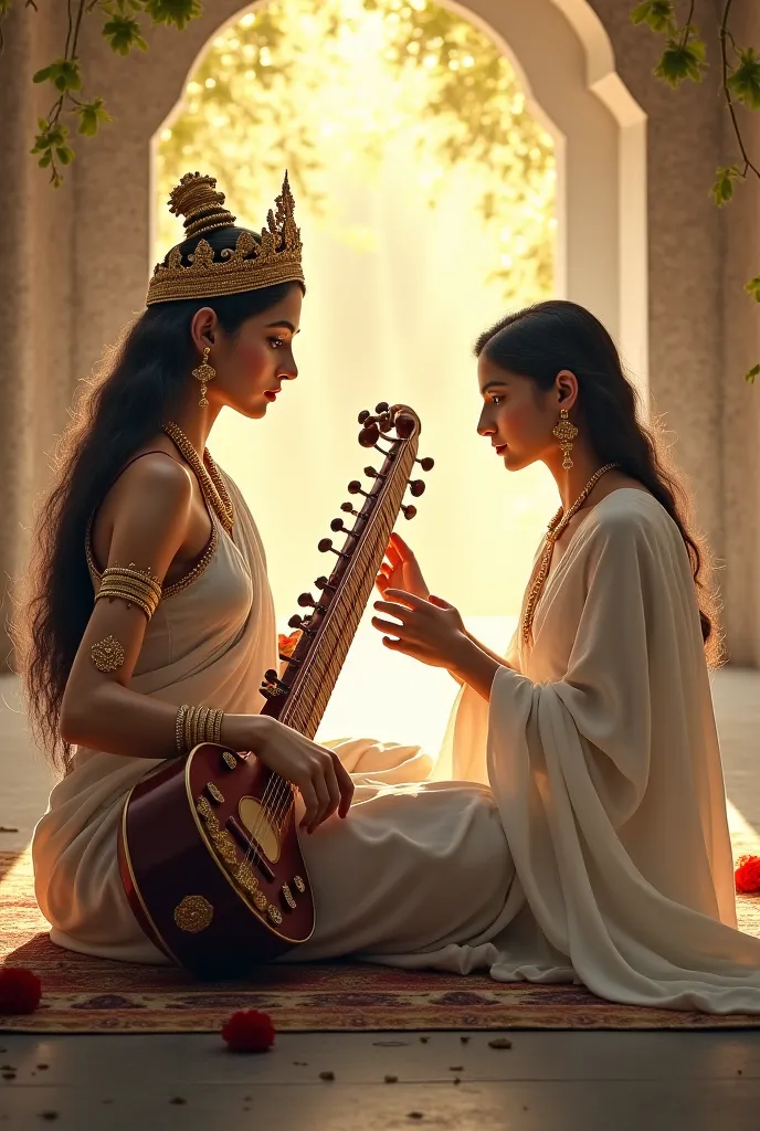 Hindu crowned Goddess saraswati full body in white saree, jewellery teaching sitar to her student