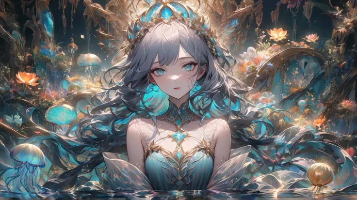 Appearance: A young woman of otherworldly beauty with porcelain skin that shimmers like moonlight on water. Long, flowing silver-blue hair resembling sea foam. Eyes glowing with an aquamarine hue, veiled in mystery.

Attire: Translucent robes in shades of ...