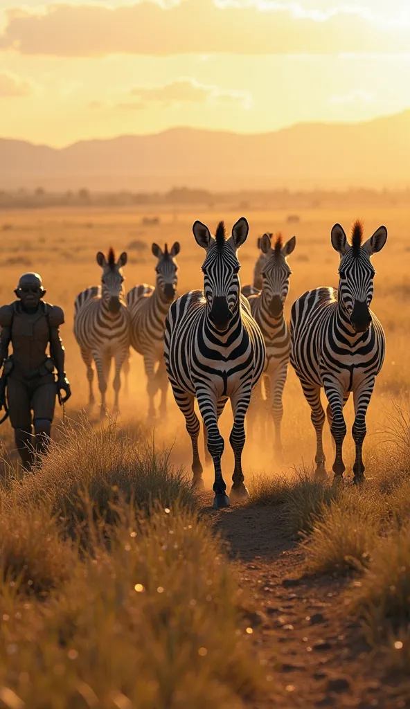 A prehistoric scene where herds of prehistoric zebras move across the vast plains of what is now the Serengeti, thousands of years ago. Zebras look slightly different, but their stripes still stand out. A primitive landscape with distant mountains, tall gr...