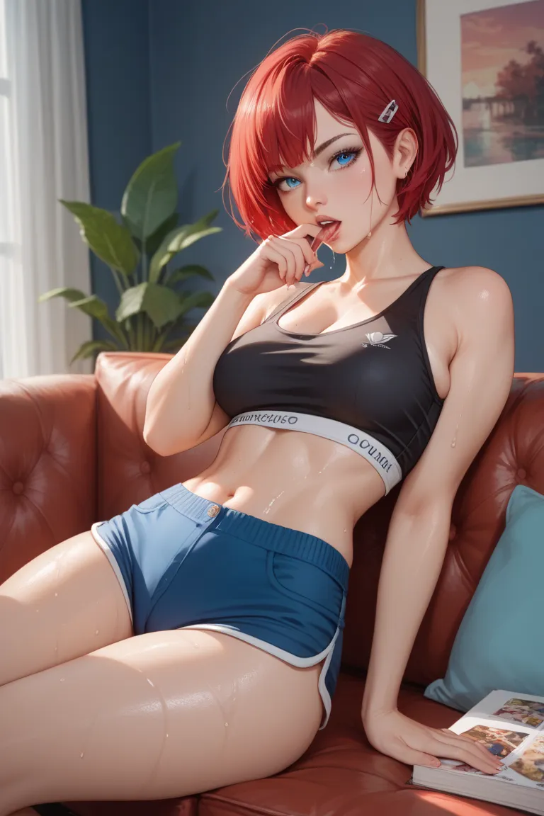 girl ,short red hair/temperate,blue eyes,anime,tight black crop top,big boobs,nsfw,shorts/tight red dyed hotpants,without panties and her pussy forming and wet,sitting on a black sofa in the living room,blow jobs,playing dick with mouth,ate a dick