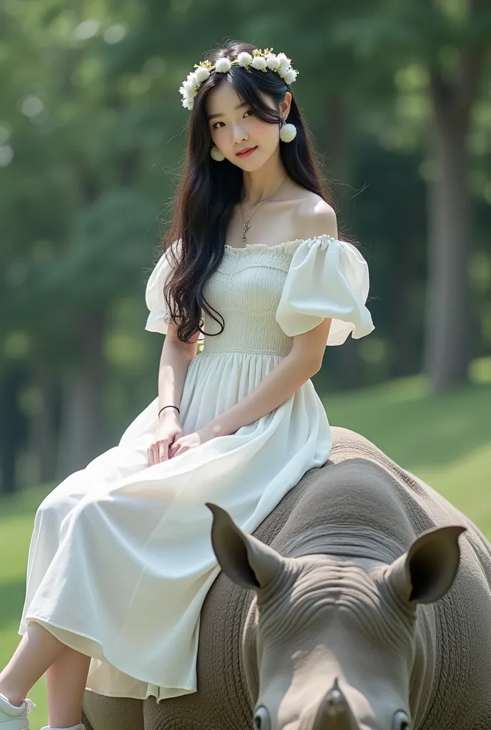 Show beautiful woman face korean asian face,clean white skin like snow,sitting on top of a rattled rhinoceros,jenaka white puff slevee knit dress ,small flower bando,small white pompom earrings and white sports shoes
nyh very long straight hair black color...