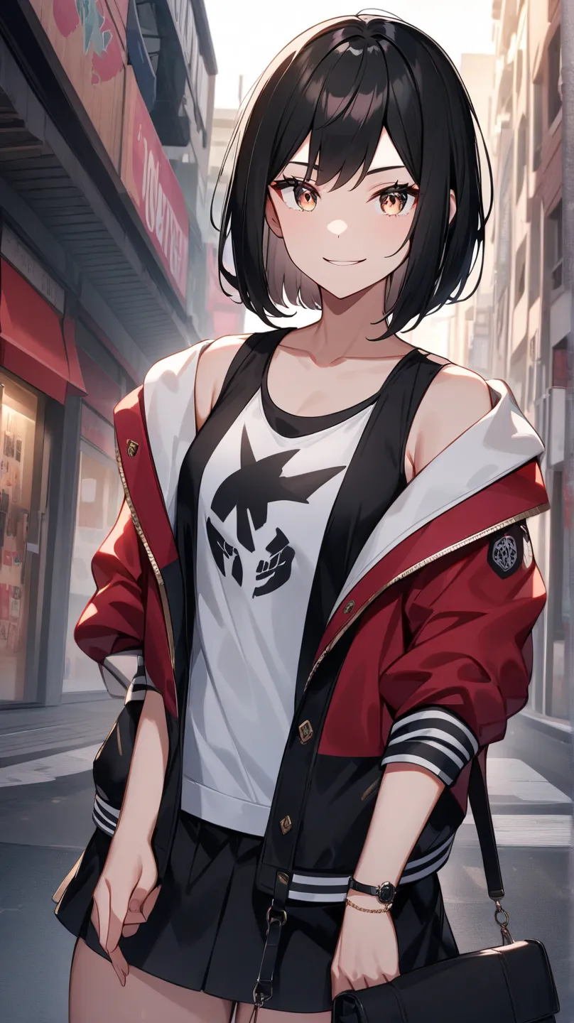 /imagine prompt: a stylish anime character named Misaki, featuring long, straight black hair styled in a chic bob, wearing a casual fitted tank top and a stylish mini skirt, with a relaxed open jacket, striking hazel eyes and a confident smile, set against...