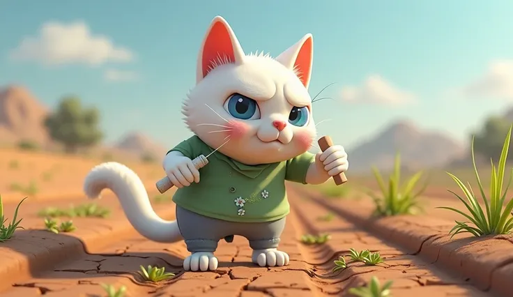 **Prompt:**  
*"3D cartoon-style anthropomorphic white cat with sharp blue eyes, wearing a torn green shirt and gray pants, working in a small infertile field. The cat looks exhausted, wiping sweat from its forehead while holding a small farming tool. The ...