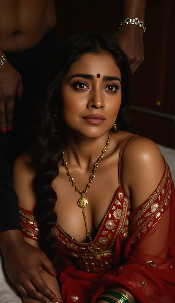 in a dimly light setting A naughty and curvaceous light neutral skin tone woman in traditional attire, wearing a deep red messed up elegant saree, no blouse piece, bare breast and intricate jewelry glass green bangles and a red small bindi between her eyeb...