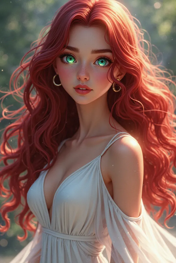  A 17-year-old girl , long hair, wine-red and wavy, her eyes are of a special shade of teal,  wearing a white dress , in the style of Miraculous Ladybug 