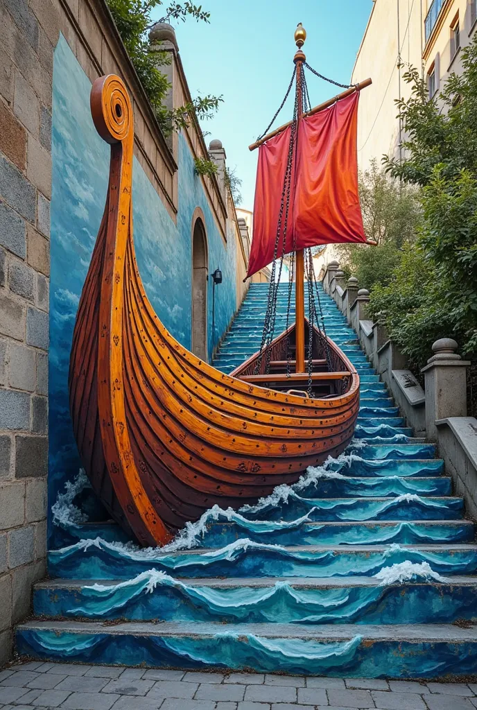 technique du trompe-l'œil, une fresque murale vibrante peinte sur des marches extérieures en pierre. La fresque représente un drakkar viking. L'œuvre d'art capture les couleurs vives et contrastées et des coups de pinceau expressifs. Les escaliers sont sit...