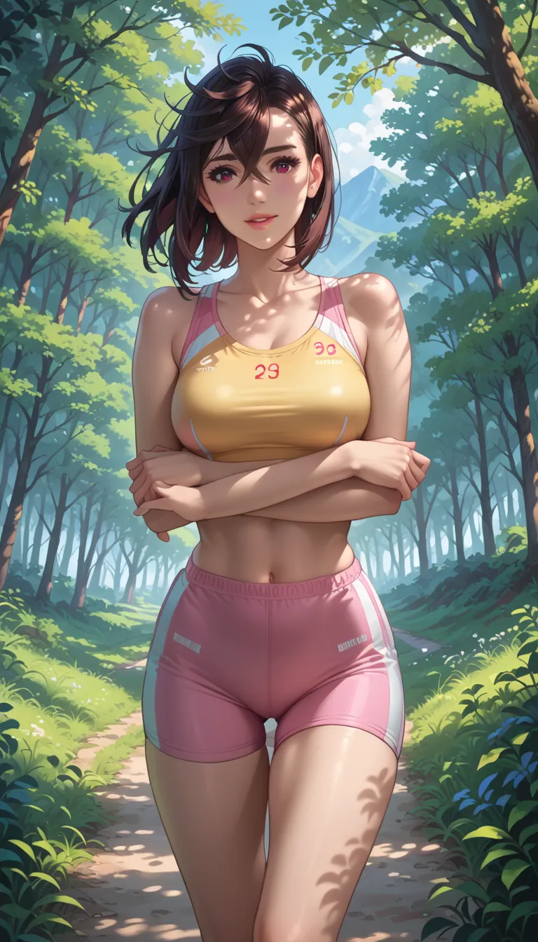 rape, Ayase Momo Ayase in sports uniform standing on a forest path, portrait, frame, yellow crop top with number 5 on the chest tightly hugs the chest, pink cycling shorts tightly hug the legs, beautiful gray detailed eyes, beautiful detailed lips, bright ...