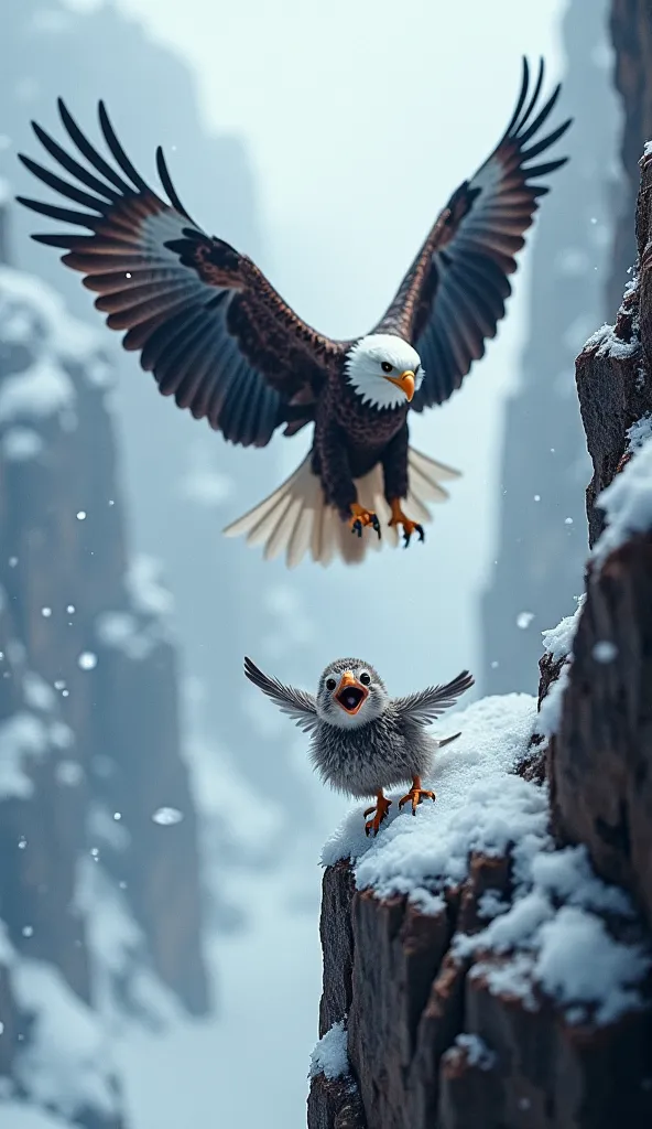 "A breathtaking, high-stakes scene set in a snowy mountain canyon during a blizzard. A fierce eagle with powerful wings outstretched and sharp talons extended swoops down through the storm. Below, a small, terrified baby bird with fluffy feathers, wide eye...