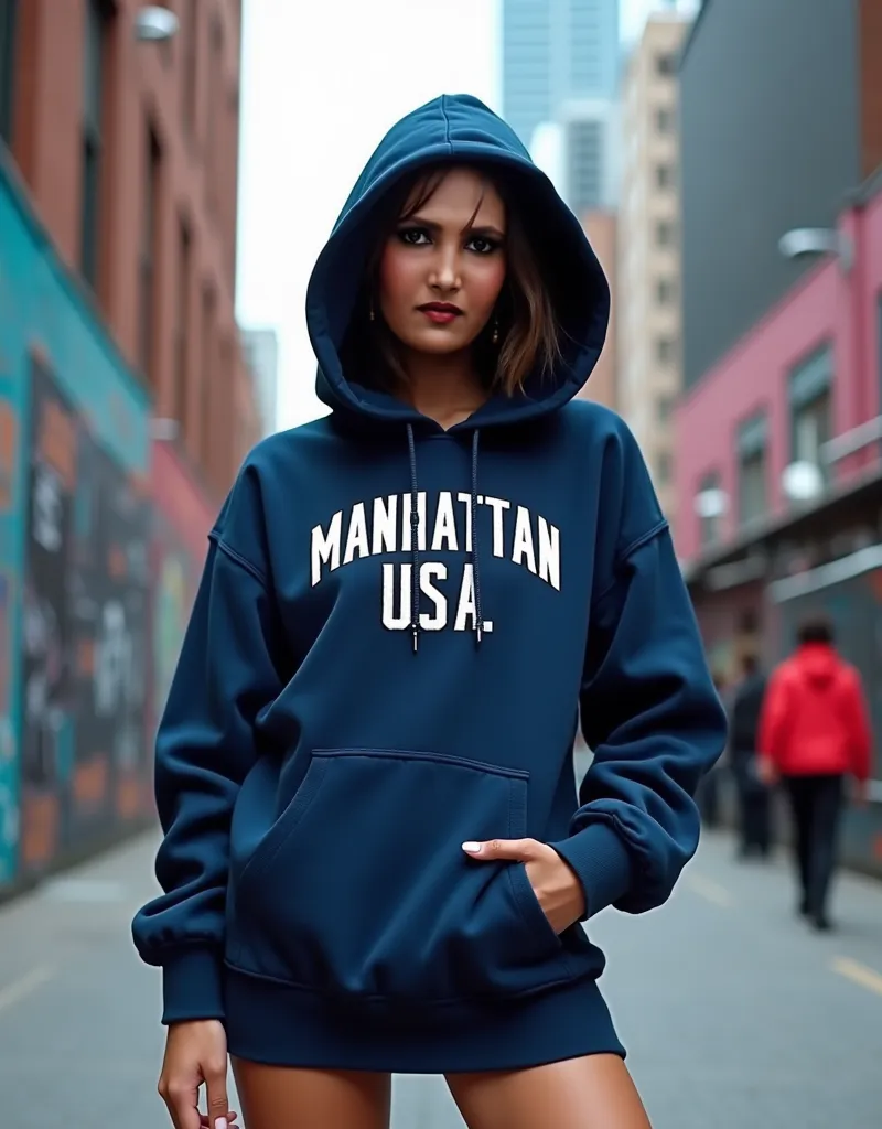 divided navy blue with "MANHATTAN USA" print, hooded sweatshirt dress, size 4, ultra-detailed, realistic:1.37, vibrant colors, professional, portraits, urban scene, stylish girl, captivating eyes, luscious lips, fashionable hairstyle, confident pose, city ...