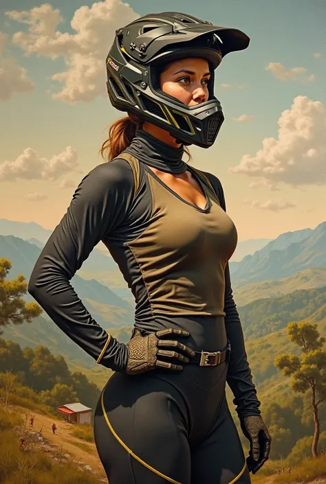 A painting drawn in the style of Raphael, full body woman wearing sports enduro helmet and enduro  gloves 
